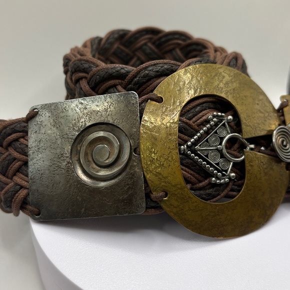 Vintage Signed Marjerie Baer Brown Wide Woven Belt Hammered Brass/Pewter Buckle main image 11